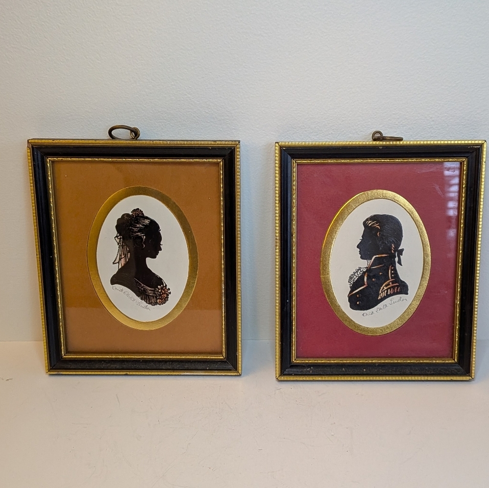 Pair of Vintage Silhouette Portraits ENID ELLIOT LINDER Framed Naval Gentlemen